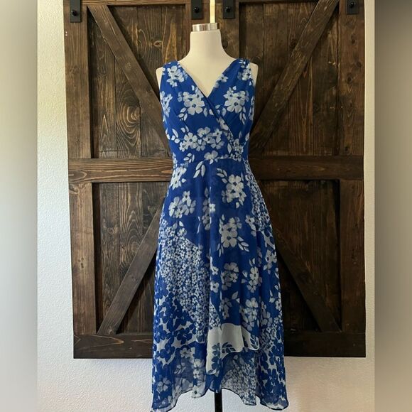 Dkny Women's Blue Mixed Floral Jersey Chiffon V-Neck Midi Wrap Dress Sz-2 - Picture 4 of 13